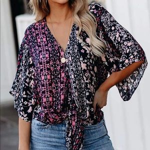 Floral v-neck blouse with front tie knot